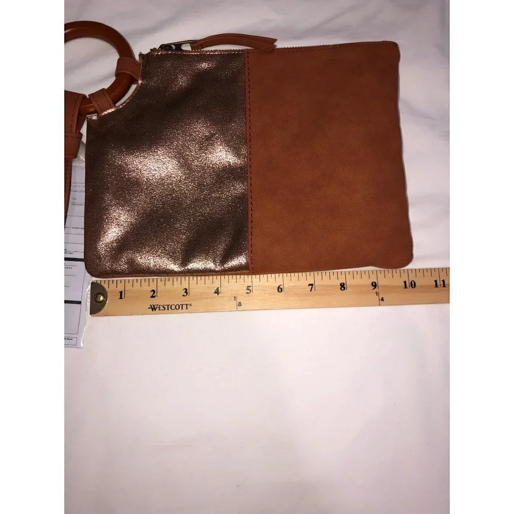 Wristlet Handbag Brown Gold Metallic Purse Vegan Leather Zip Top NEW